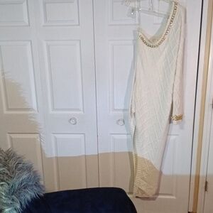 L'ATISTE Off-White One Shoulder bodycon Sweater Dress Adorned With Gold Chains